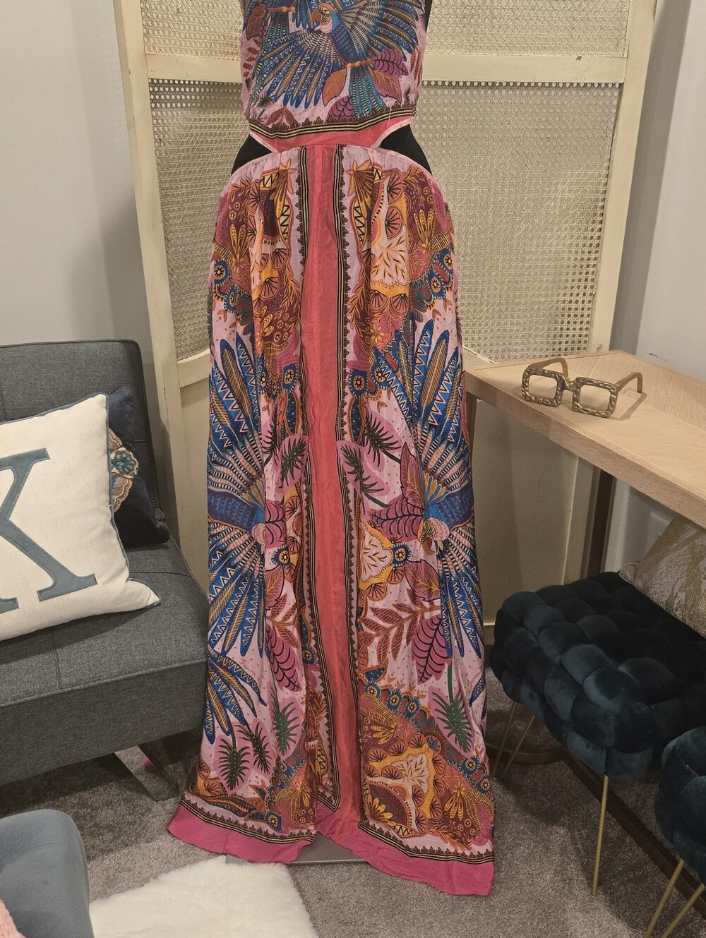Farm Rio Pink Boho Halter Maxi Dress with Tropical Print - Picture 2 of 6